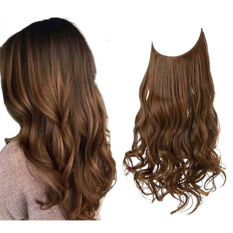 Sintético sem clipes na extensão do cabelo natural ombre preto loiro rosa uma peça onda longa fio invisível falso pedaço de cabelo