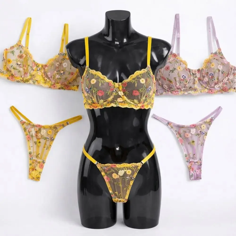 2-Piece Floral Lingerie Set Sheer Embroidery Underwear Intimates Versatile Underwire Push-up Bra Panty Set For Lady Girl