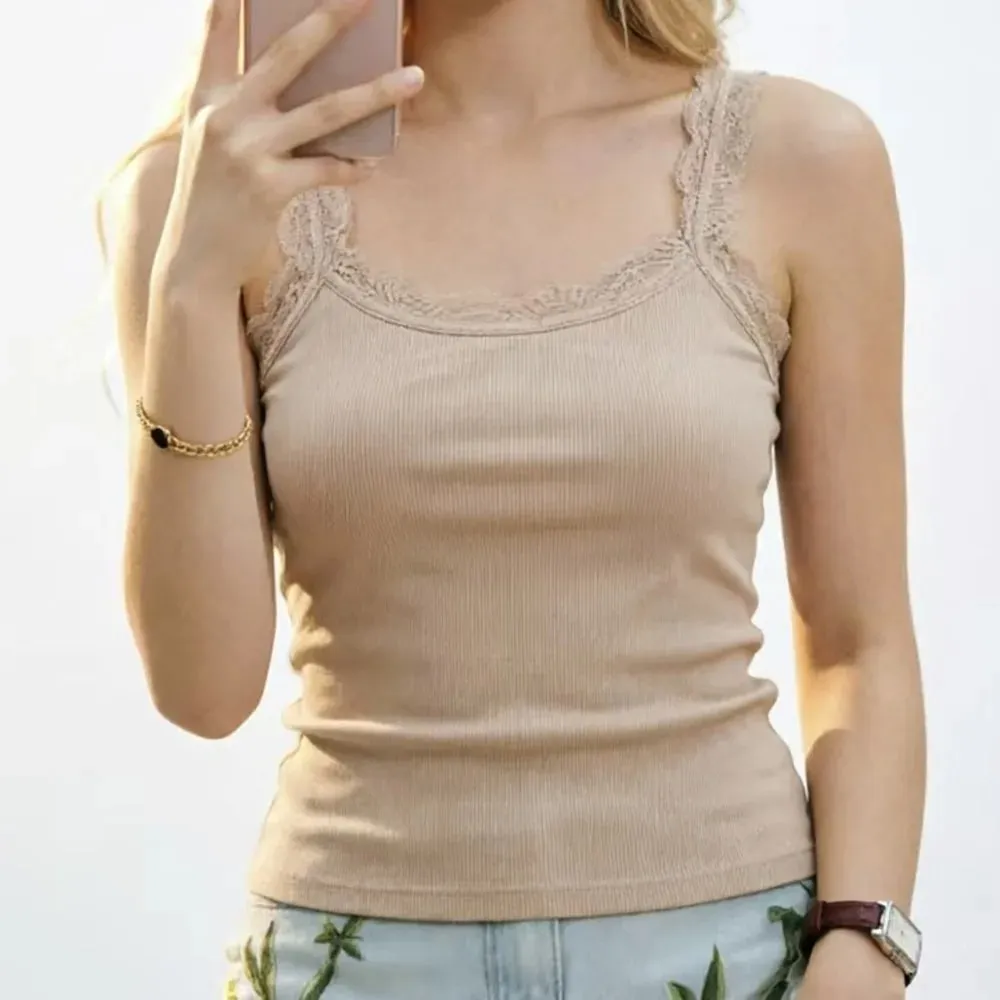 Casual U Neck Summer Tank Tops Slim Underwear Fitted Tops Camisoles Sleeveless Lace Top for Women