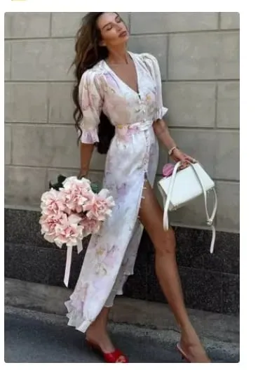 Women Chic Pink Floral Print Maxi Vestido Elegant V Neck Ruffle Trim Flare Sleeve Ruched High Chiffon Dress 2026 Party Outfit