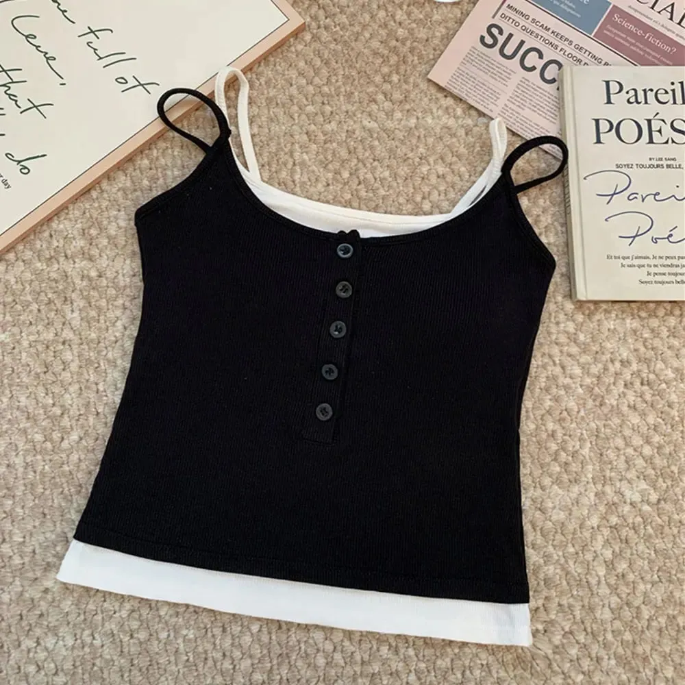 Canotta casual in due pezzi finta a strati Y2K Canottiera in maglia a costine Canottiera slim fit senza maniche con imbottitura sul petto per l'uso quotidiano