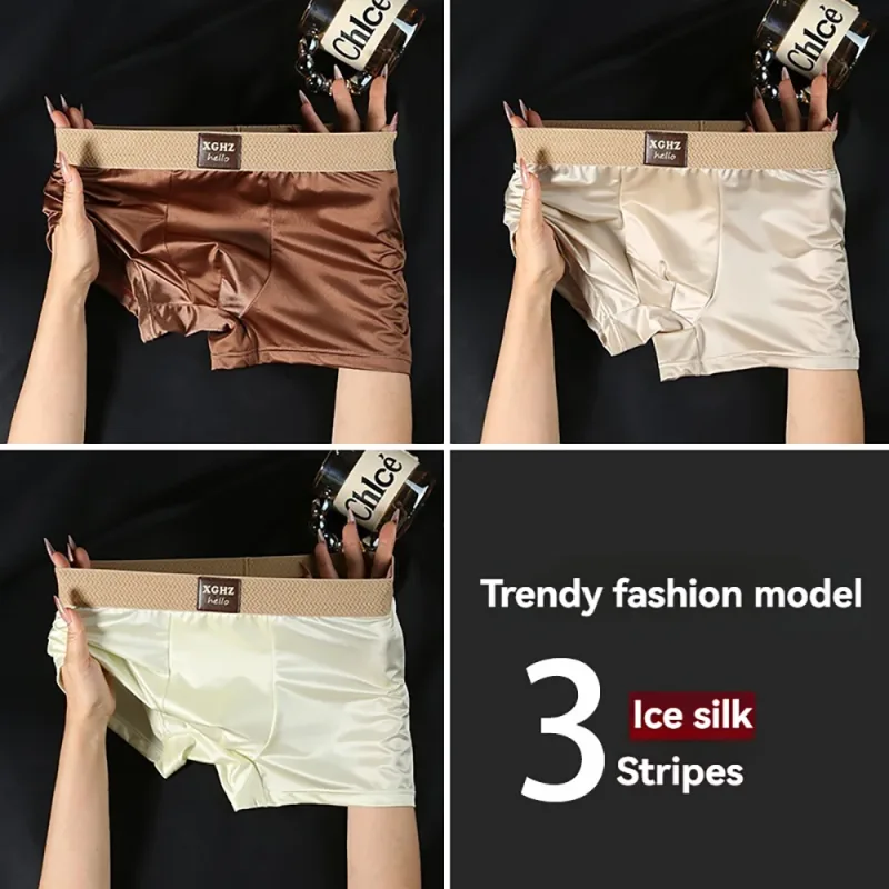 3st/förpackning Lyxig issilke satinliknande herrtrosor Supermjuk boxer Homme Cool Andas Bekväma mansunderkläder kalsonger
