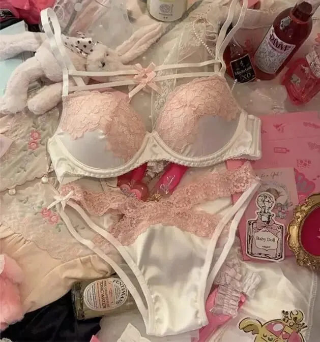 Sexy Lace Lingerie Set with Bow Spaghetti Straps & Steel Ring Uplift Bra for Women