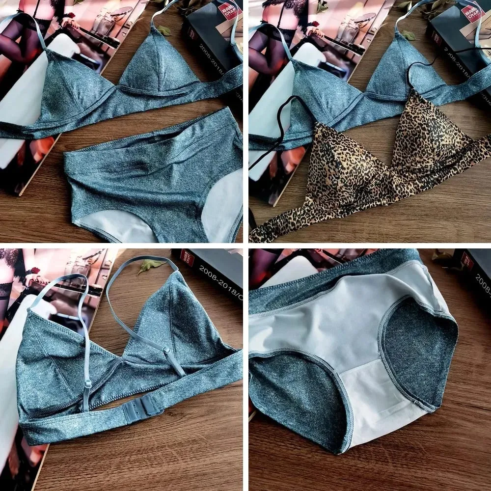 Bộ áo ngực cúp ngực tam giác Gợi cảm họa tiết da báo siêu mỏng Wirefree Bralette & Quần lót dành cho ngực nhỏ