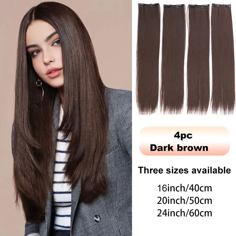 4PCS synthetic hair extension piece long straight hair wig clip heat-resistant wig piece extension on a woman's hair