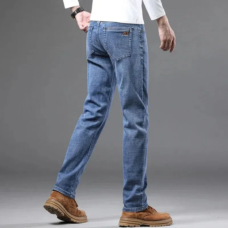 Spring Fashion Men's Light Blue Slim Jeans Stylish Business Casual Stretch Fabric Denim Pants Classic All Match Trousers