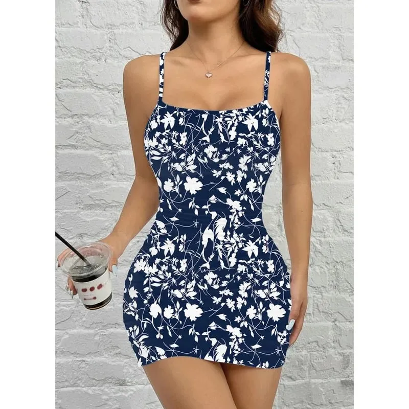 Women's Floral Print Square Neck Sleeveless Dress Summer Casual Comfortable Fashion Short Skirt with Suspender