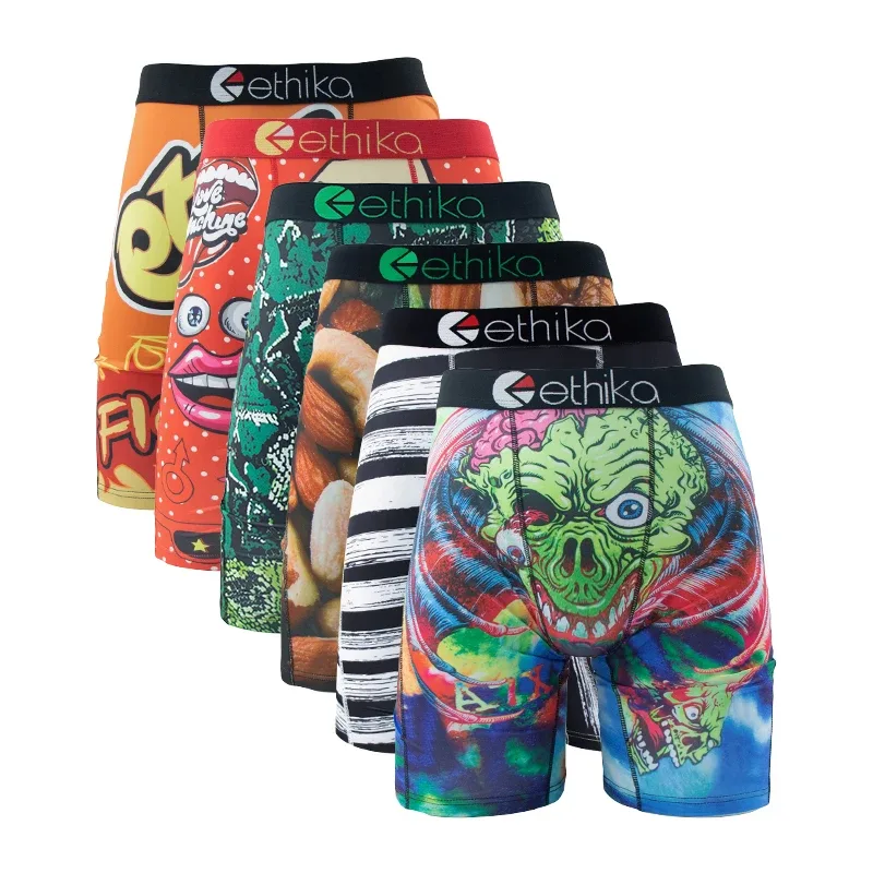 6Pcs Men Underwear Boxer Breathable Mesh Crotch Man Underpants Plus Size Print Mens Panties Trunks Sexy Men's Boxershorts