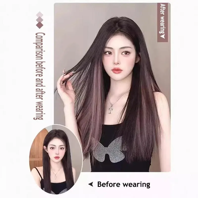 One piece hanging ear dyed synthetic wig piece for women highlighted color hair extensions