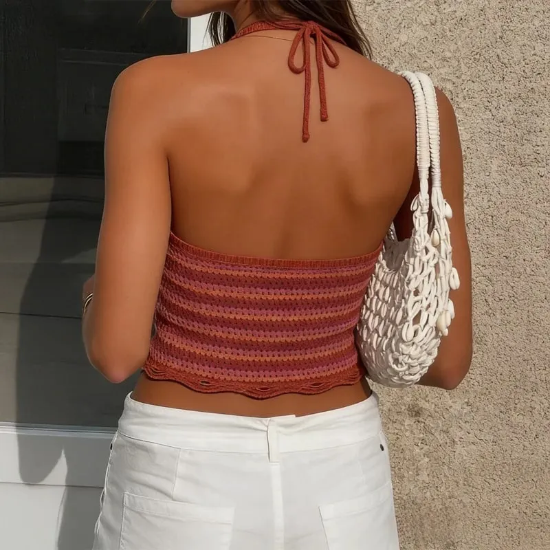 Women Spring Summer Halter Knit Cami Top Deep V Neck Gradient Stripe Sleeveless Cropped Tank Top Casual