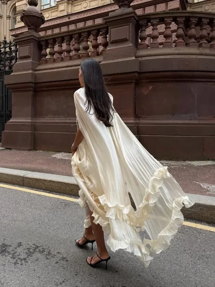Ivory Sleeveless Ruffled Hem Maxi Dress Women Flowy Solid Cloak Long 2026 Spring Summer Fashion Vacation Leisure Lady Vestidos
