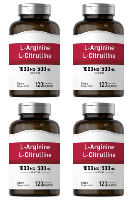 Cápsulas de suplemento de aminoácidos com contagem de 120 fornecem energia e suporte para uma vida saudável com 1000 mg de L-Arginina e 500 mg de L-Citrulina