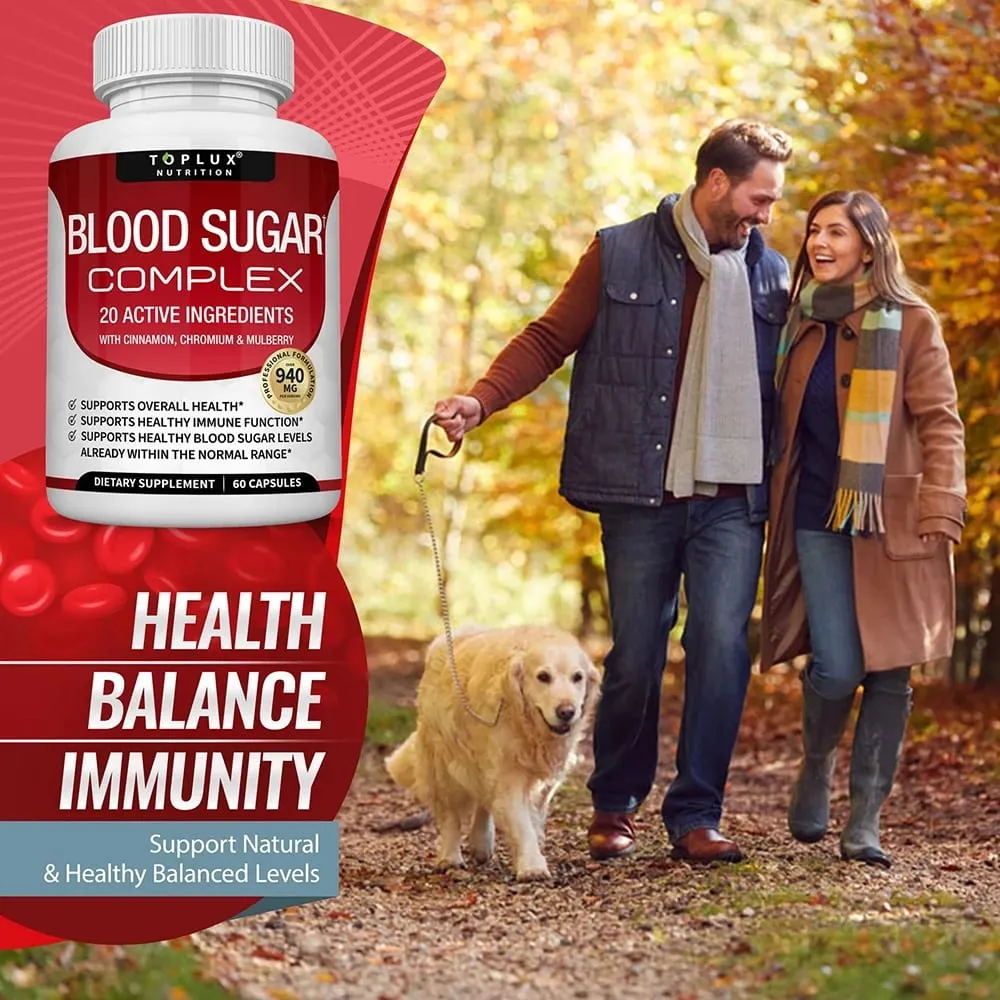 Premium Natural Blood Sugar Complex Supplement for Men & Women - Naturall 20 Herbs and Vitamins with Cinnamon Non-GMO Vegan