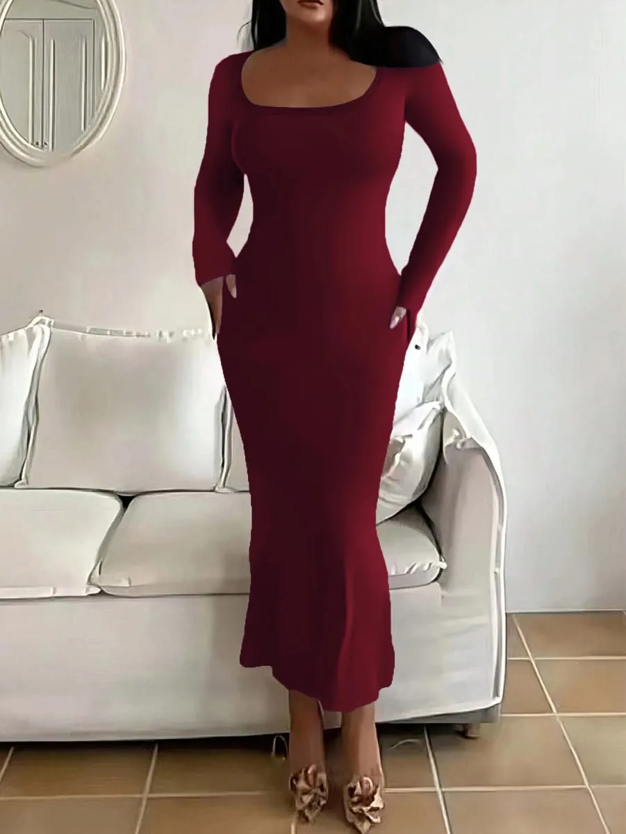 Women's plus size long slim fit long sleeved dress plus size women's extra long square neck tight fitting dress