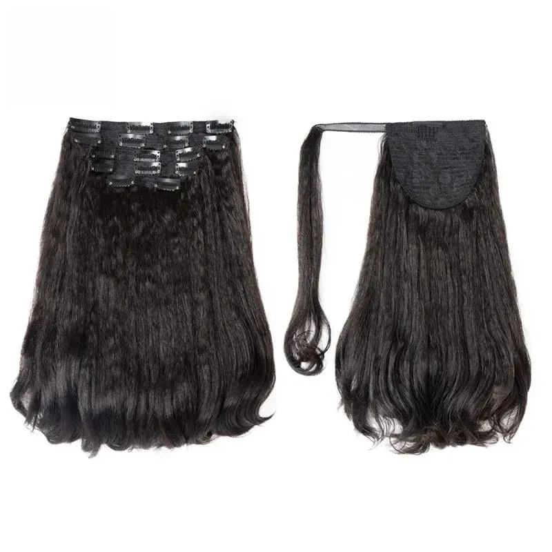 Lydia 6PCS All-In-One 17Clips-In Hair Extension Wrap Around Kinky Straight Tail Warping Curly Synthetic Ponytail Hairpieces Wig