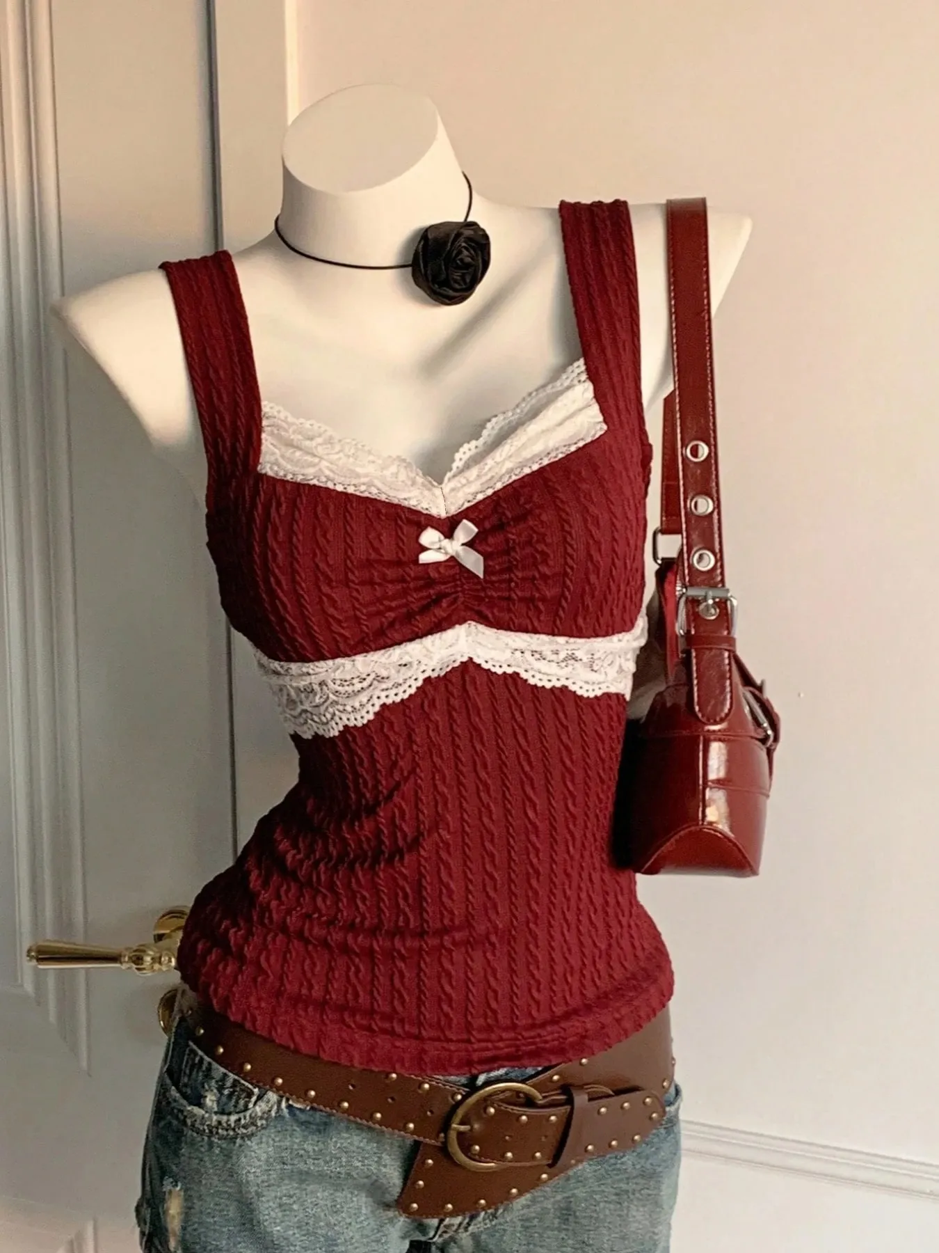 Y2K summer fashion new patchwork lace bow decoration pure desire vest versatile top for wearing outside