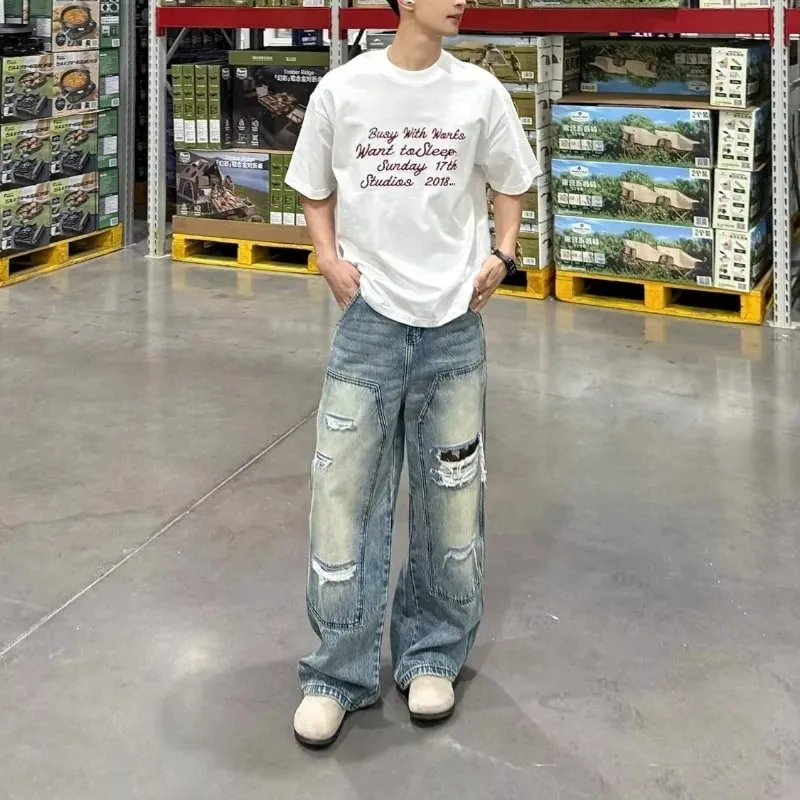 Jeans pour hommes Pantalons robustes lavés multi-poches Style charpentier Pantalon en denim droit et ample Coupe décontractée High Street