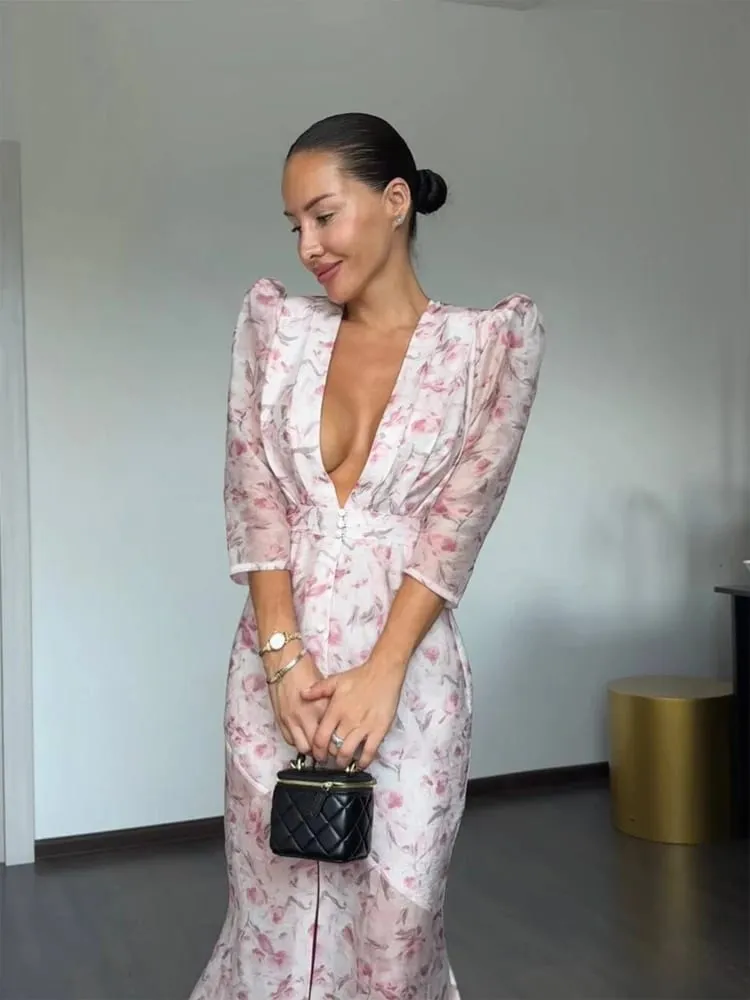 Fesyen Seksi Organza Floral Printed Maxi Dress V-neck Puff Sleeve 2026 Musim Panas Baru Romantik Wanita Gaun Pesta Wanita Elegan Vestido