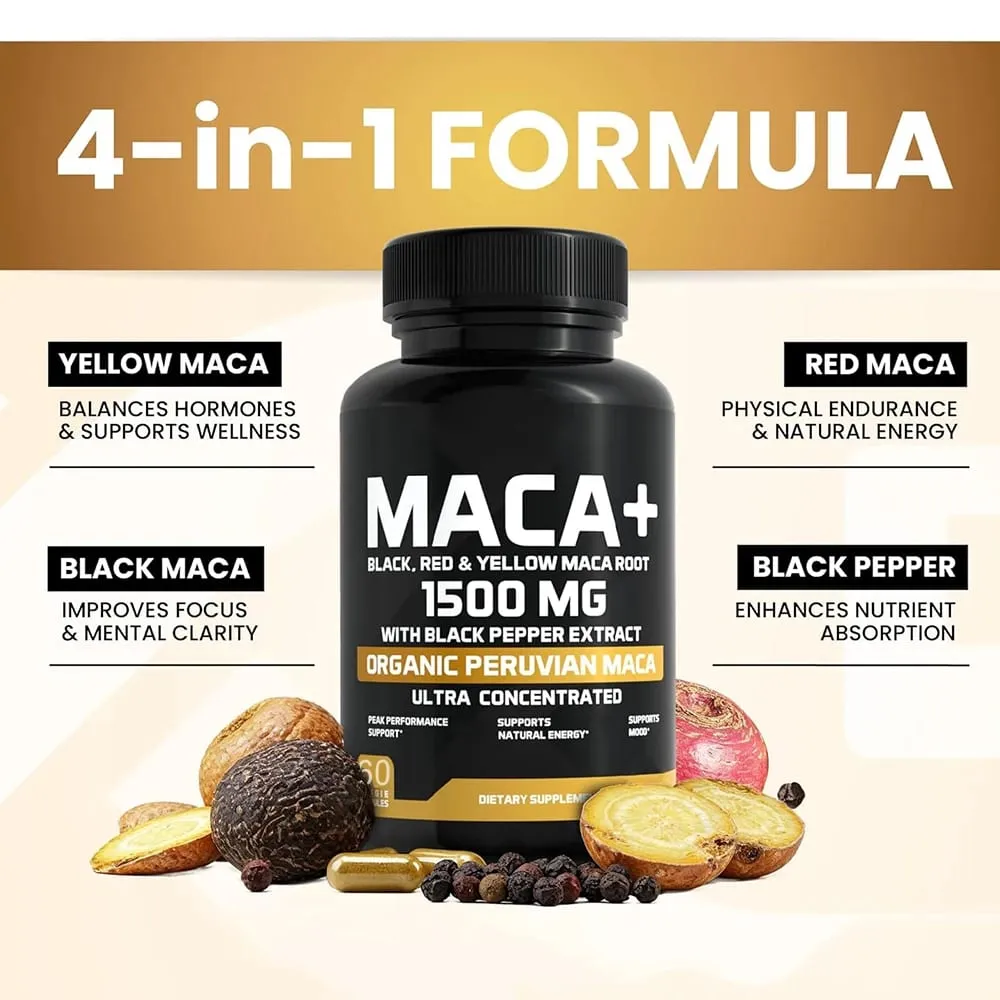 1500mg Organic Maca Root Black Red & Yellow - 60 Capsules - Black Maca Root Capsules for Men Supplement - Non-GMO Gluten-Free