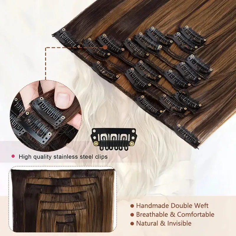 8 pçs/set Longo Reto 24 Polegadas Cabelo Sintético Cabeça Cheia Grampo em Extensões de Cabelo Clipe Em Postiços Para As Mulheres Cor Ombre