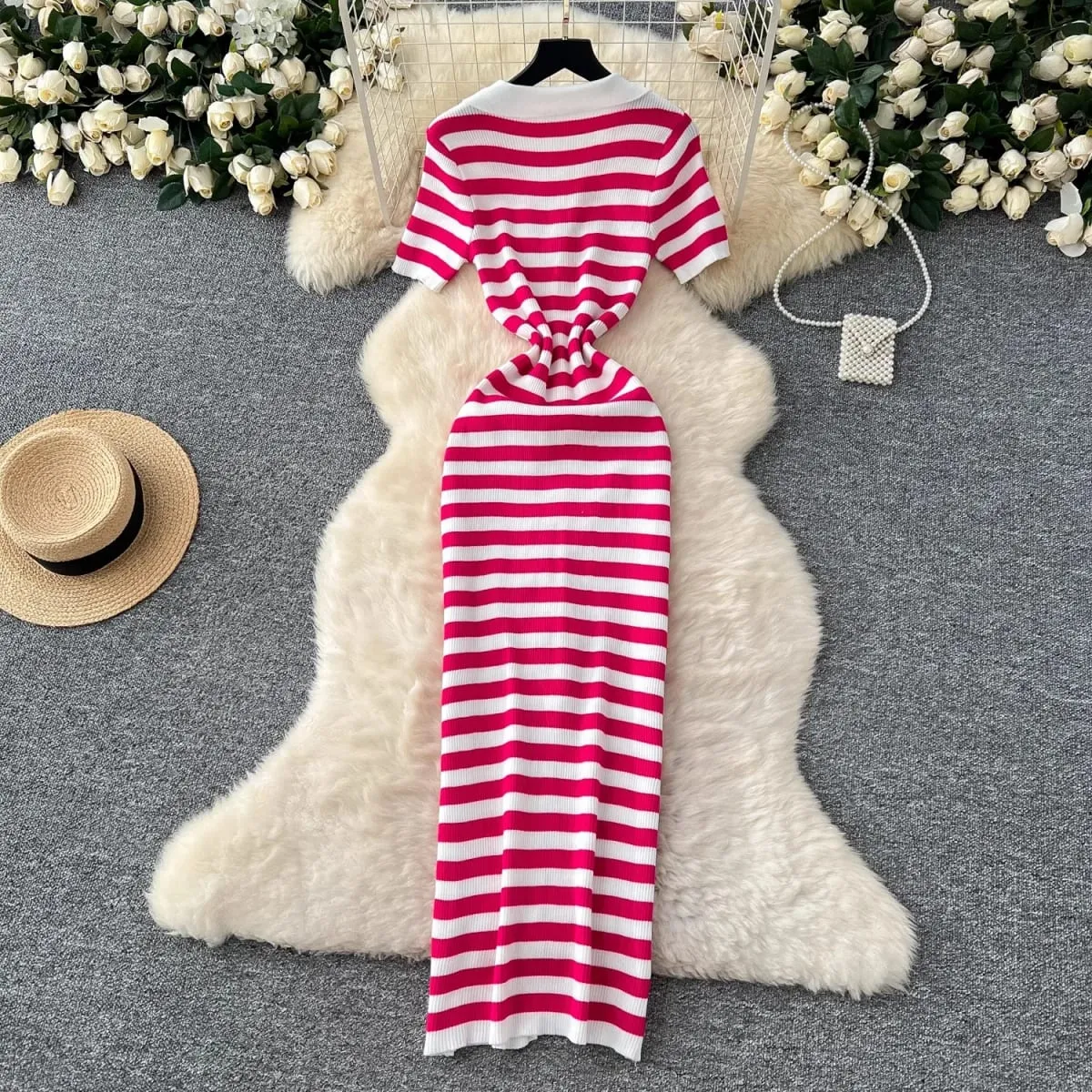 YuooMuoo Chic Fashion Sexy Wrap Hips Knitted Maxi Dress 2026 Summer Women Single-breasted Stripes Sweater Dress Streetwear Robes