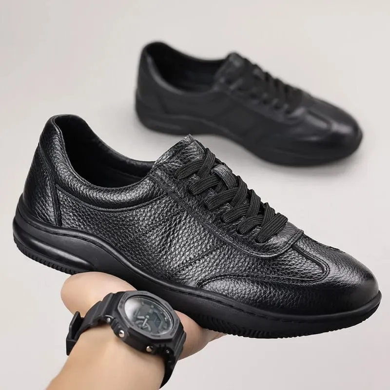 Mens All Black Genuine Leather Casual Sneakers Low Top Lace Up Comfortable Shoes For Business Daily Street Style Fashion Simple