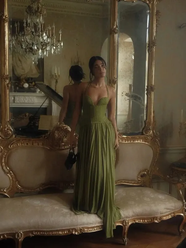 Chic Green Fishbone Halter Long Dress Lady Sexy Solid Backless Pleated Off-Shoulder A-Line Dresses 2026 New Christmas Party Gown