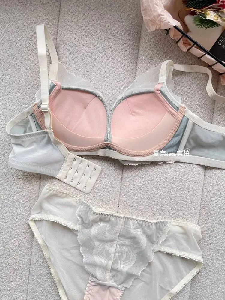 French Style Soft Lace Wireless Bra Set Women Push Up Small Breast Lift Full Cup Sexy Adjustable Comfort Lingerie Set Daily Wear