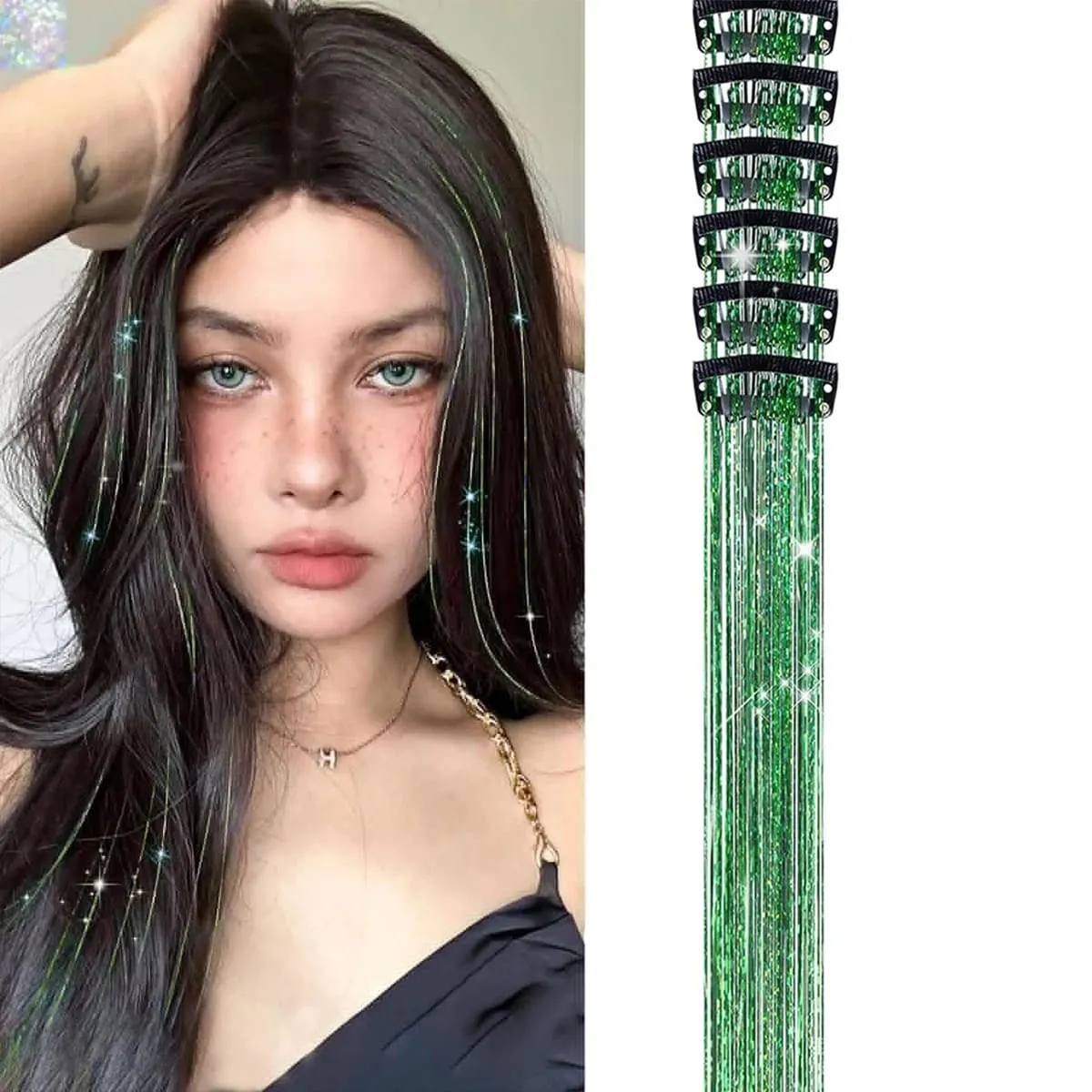 Hair Tinsel Pack of 6 Pcs Hair Tinsel Clip in Glitter Tinsel Hair Extensions Synthetic Hair Tinsel Kit Party Festival Fairy Hair