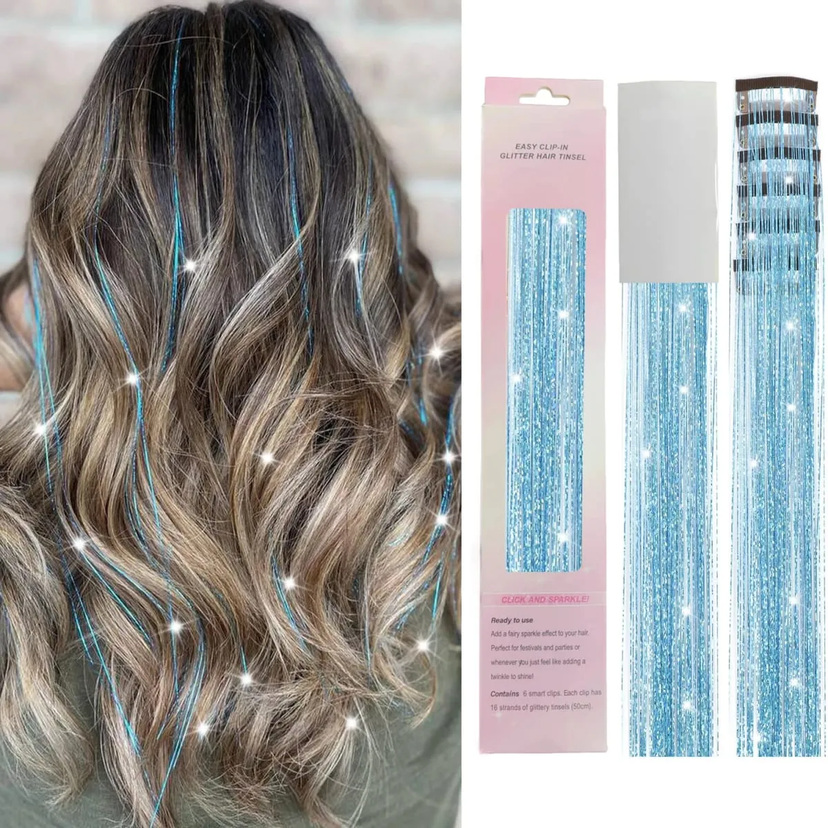 12PCs Clip in Hair Synthetic Tinsel Kit Holographic Hair Tinsel Shining Gold Professional Sparkle Heat-Resistant Silk Extensions