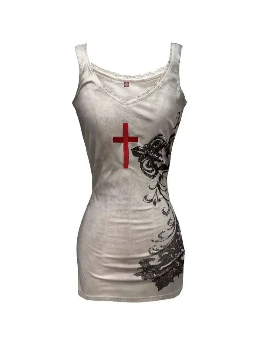 Women Y2K Gothic MiniDress Cross Floral Print V Neck Slim Bodycon Dark Aesthetic Alt Casual Streetwear Ladies Party Tank Dresses