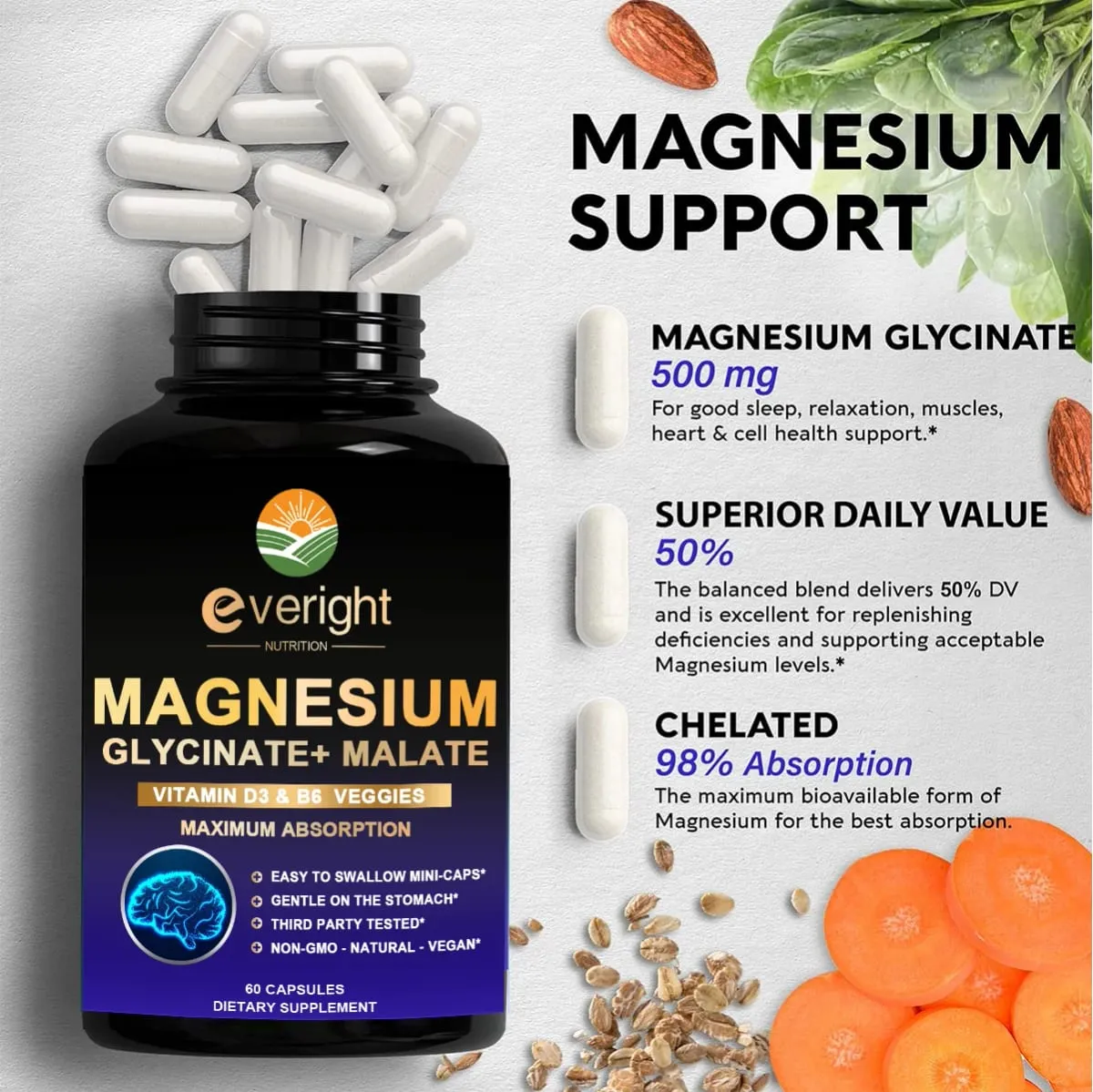 High Absorption Magnesium Glycinate - Supports Sleep Mood Muscles Heart & Nervous System Health