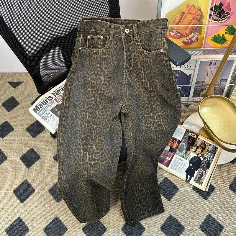American Vintage High Street Men's Leopard Casual Trendy Loose Wide Leg Straight Denim Trousers Male Simple Basic Jeans Pants
