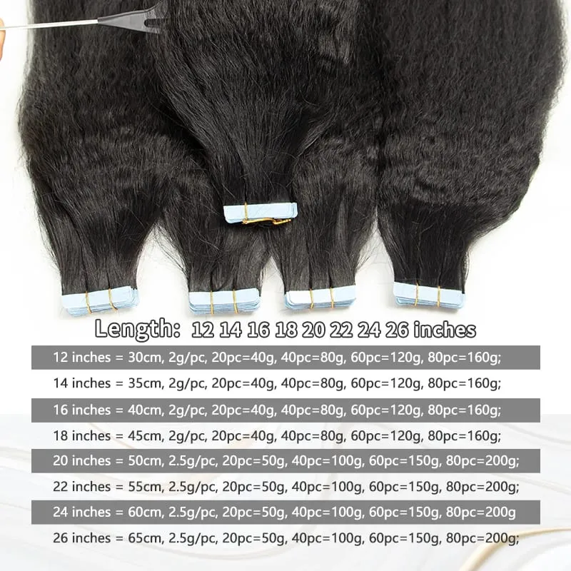 Human Hair Kinky Straight Tape in Extensions Remy Cuticle Yaki Tape in Hair Extensions 12-26 inch 20pcs Pack