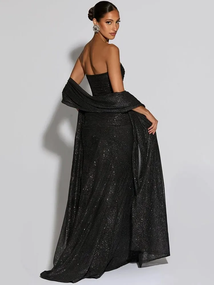 Mozision Sparkle Strapless Draped Sexy Maxi Dress Women Elegant Off-shoulder Sleeveless Backless Ruched Club Party Long Dress