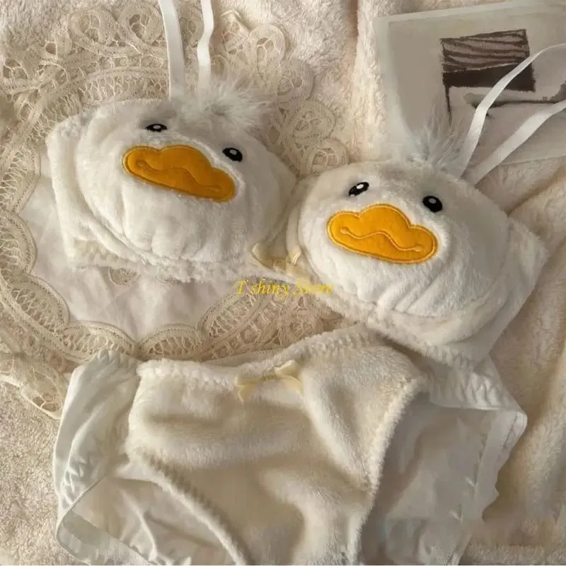 2Pcs Women's Anime Plush Bra and Panty Set Cute Cartoon Duck Pattern Furry Underwear Japanese Cosplay Intimates Lingerie
