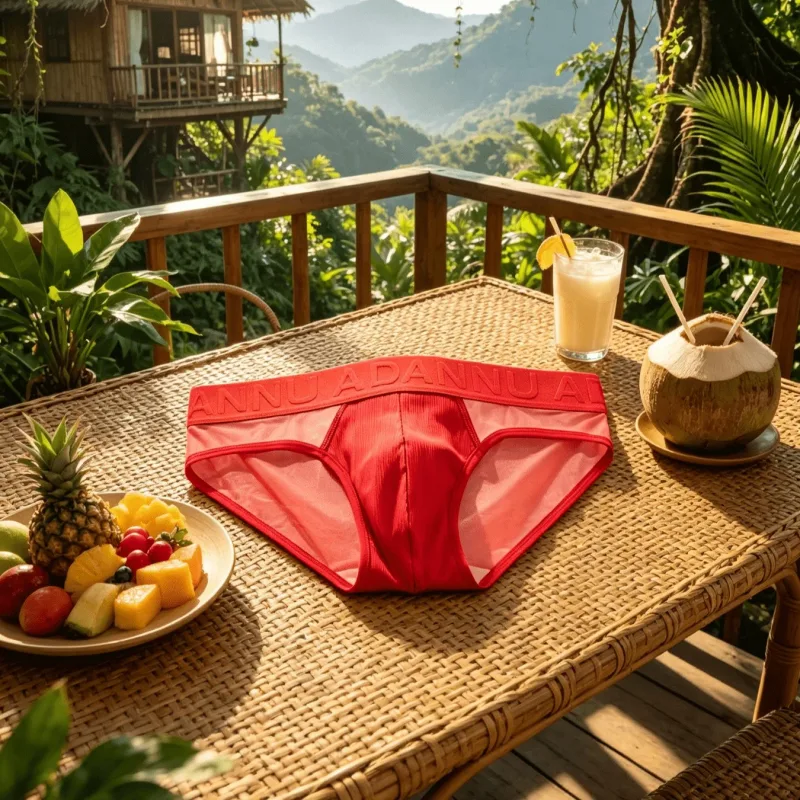 Low Rise Mens Triangle Underwear Side Mesh Panel Vertical Grain Material 3D Contour Pouch Embossed Letter Wide Elastic