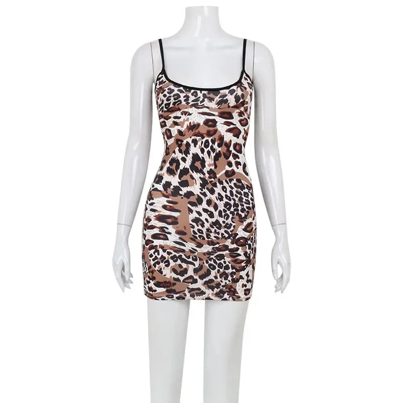 Fashion Sexy Summer Leopard Printed Women Dresses Backless Streetwear Regular Casual Camisole Strapless Skinny Vestidos Robes