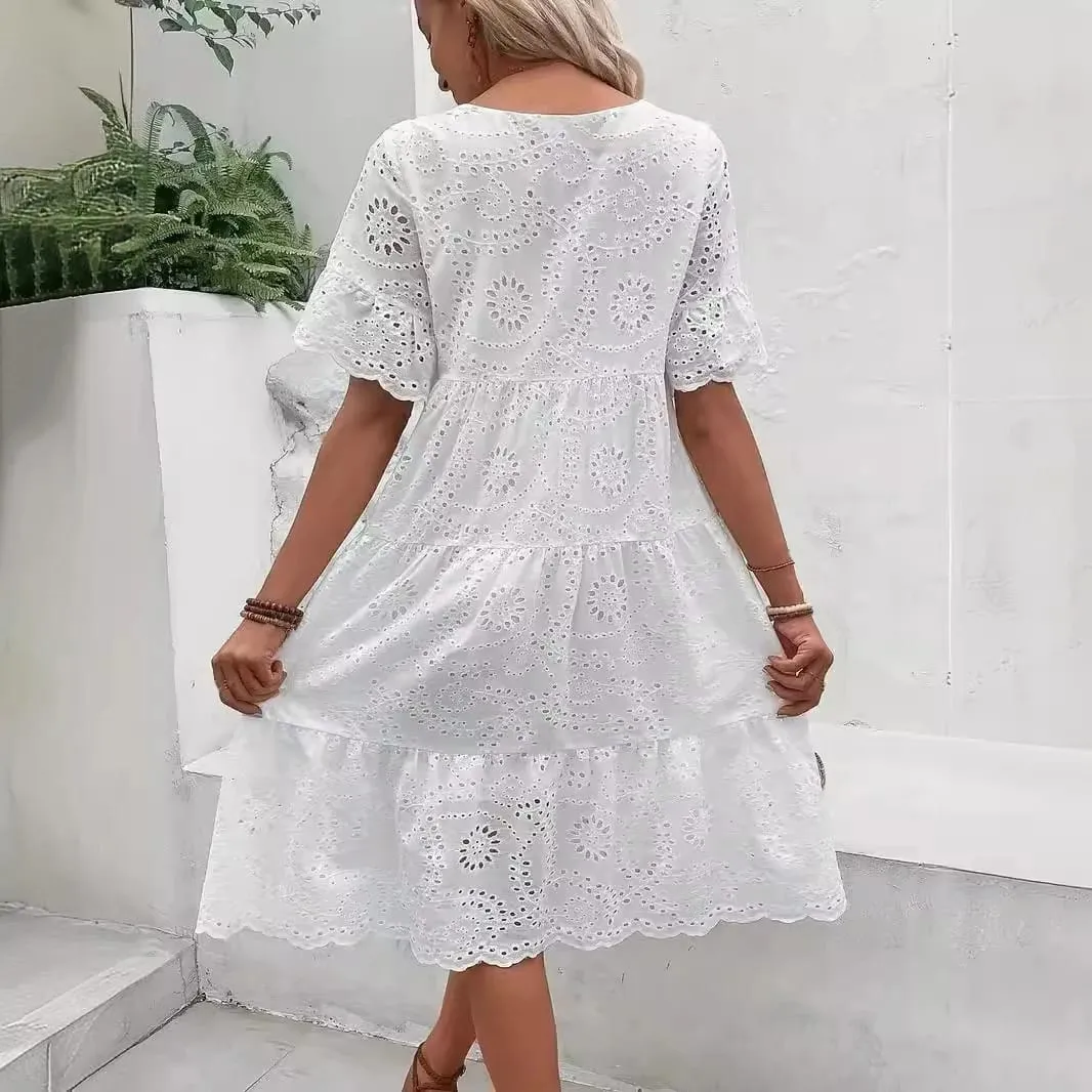Women's White Eyelet Embroidery Midi Dress Hollow-out Boho Flowy Ruffle Tiered Dress Casual Short Sleeve Summer Beach Dresses