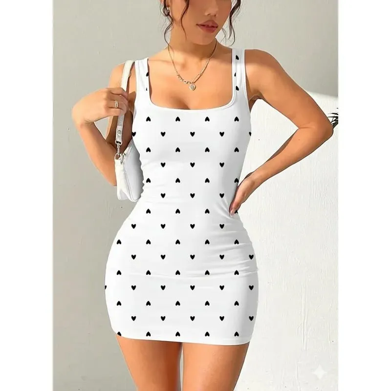 Women's Heart-Shaped Printed Sleeveless Dress Summer Casual Square Collar Waist Cinched mid Length Skirt with Shoulder Straps