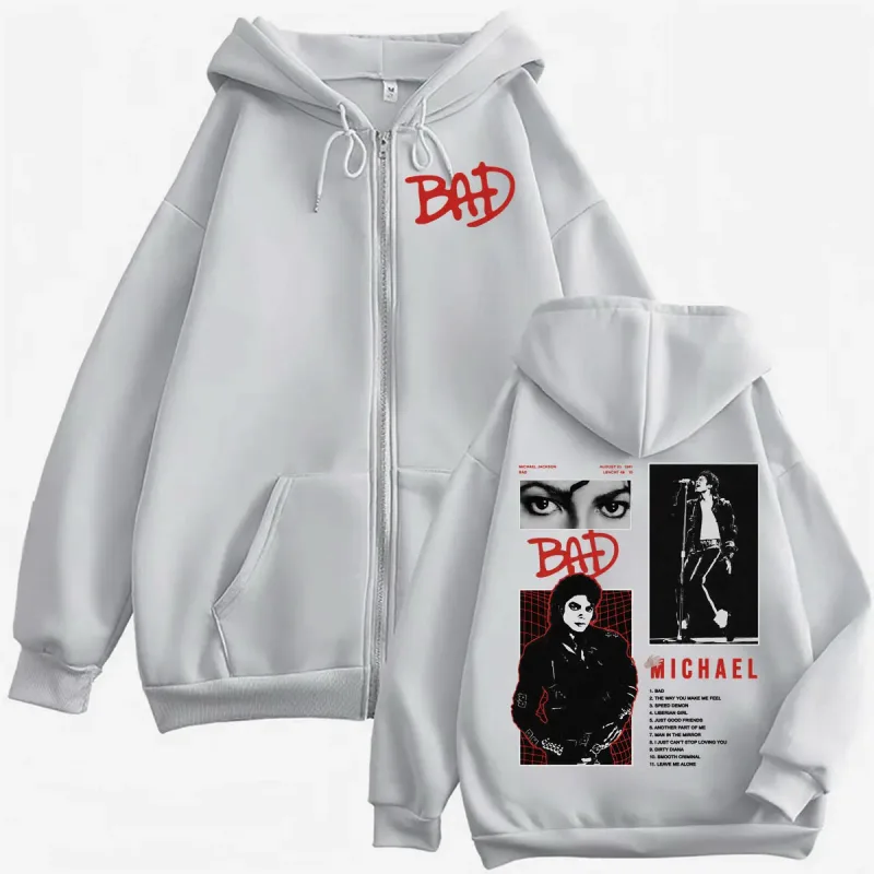 King of Pop Michael Jackson Bad Era Tour Zip Up Hoodies Men Women Fashion Harajuku Jacket Sweatshirts Casual Fleece Zipper Coats