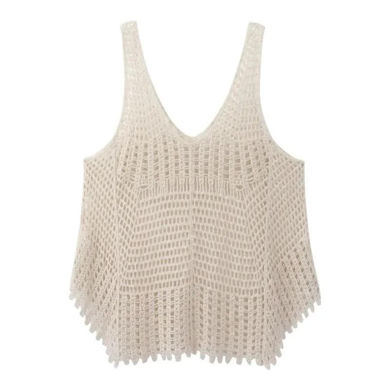 Boho Crochet Top Hollow-out Lace Sleeveless Knitted Tank Cami Women Summer Camisole Beach Cover-Up Resort Wear — image 6