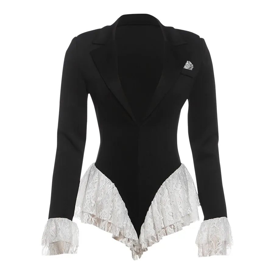 Weird Puss Sexy Ruffle Bodysuit Women Jacquard Deep V-Neck Lapel Tierred Patchwork Full Sleeve Elegant Stretch Skinny Clubwear
