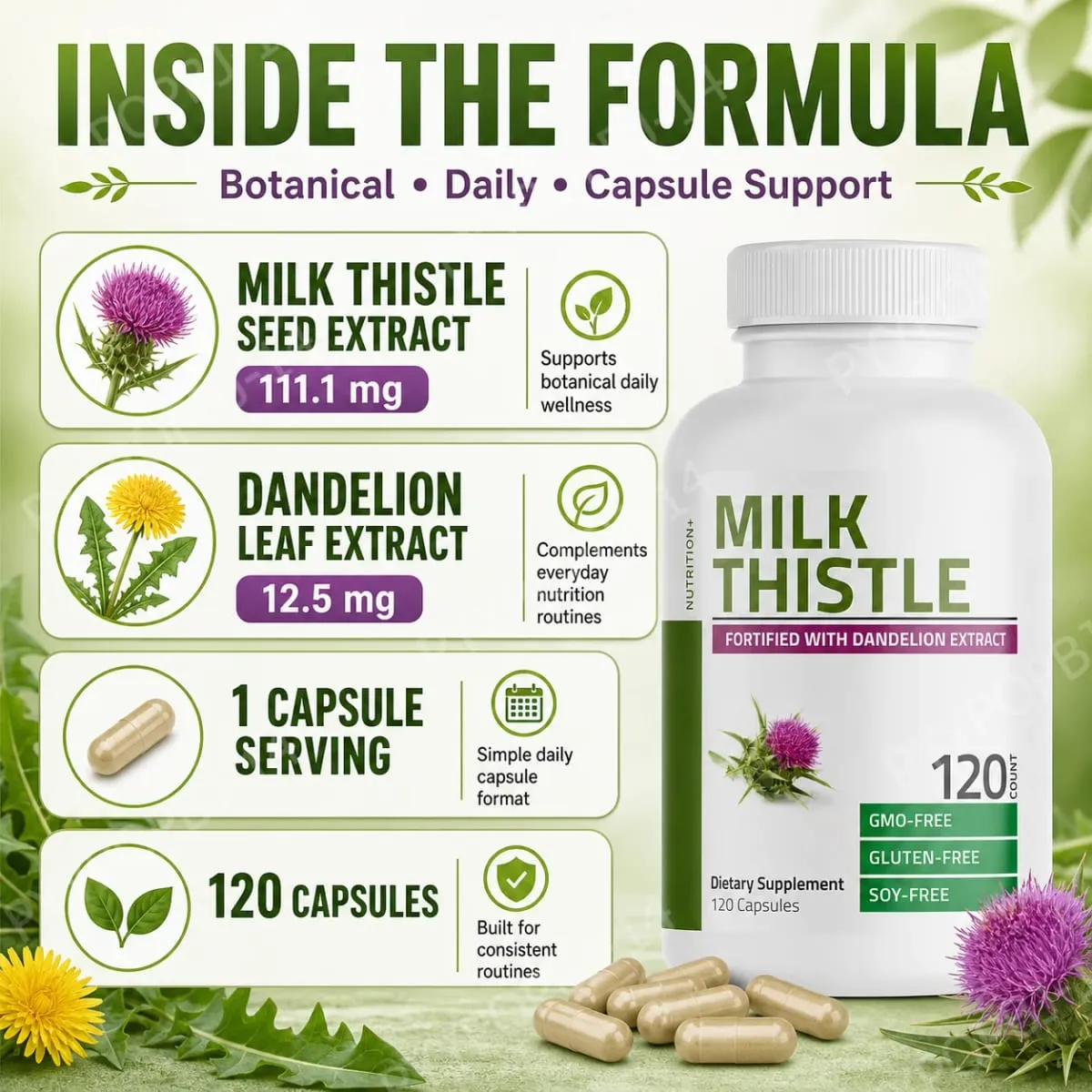 Milk Thistle Silymarin Marianum & Dandelion Extract Liver Health Support Antioxidant Support Detox 120Count Non-GMO Gluten Free