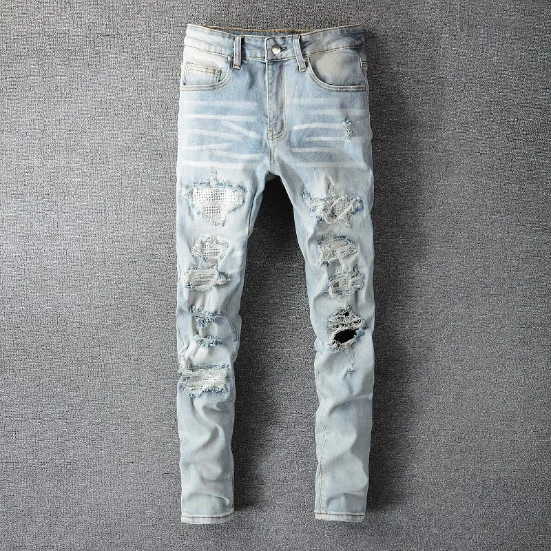 Männer Kristall Löcher Ripped Patchwork Jeans Streetwear Hellblau Denim Dünne Dünne Bleistift Hosen Hosen