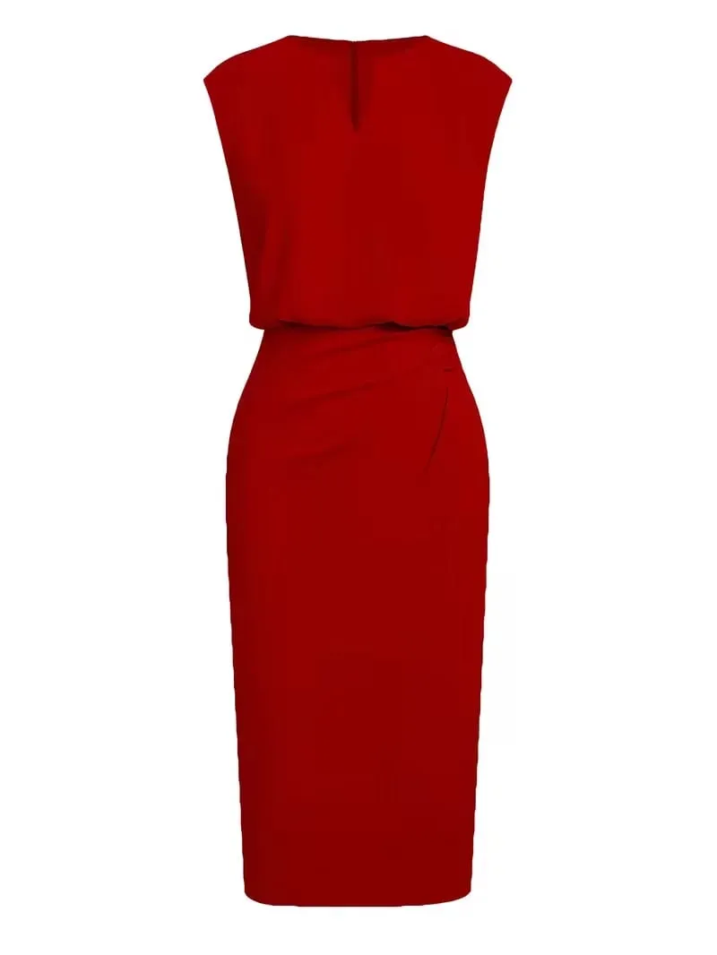 Women Red Elegant Sleeveless V Neck Ruched Slim Work Cocktail Party Summer Bodycon Pencil Midi Dress