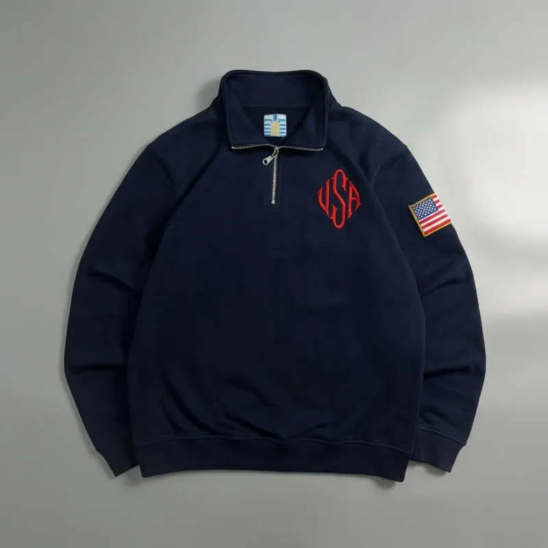Hot Sell American Flag Embroider Hoodies Quarter Zip Sweatshirts Men Y2k Casual Sweater Pullover Patch Sleeve Streetwear