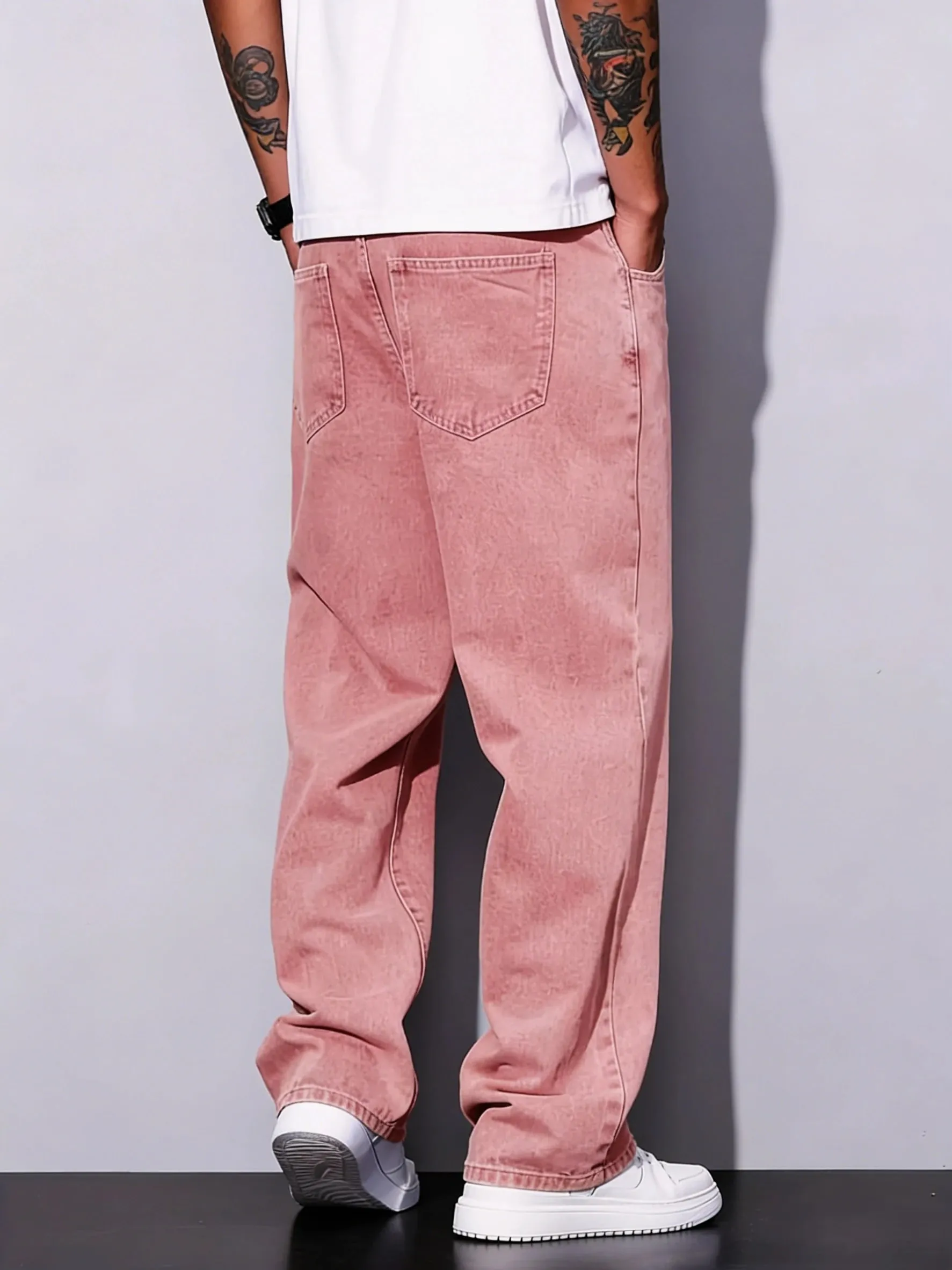 Men Jeans Pink Basic Straight Leg Men Jeans Mid Rise All-match Trousers All Seasons Street Daily Bottoms For Young Men Daily Out