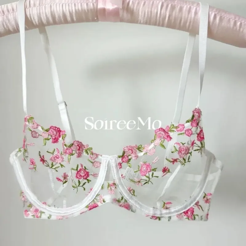 French Sheer Floral Lingerie Set Ultra Thin Sexy See Through Bralette with Soft Underwire & Women Large Bust Support S-XL MOYISU