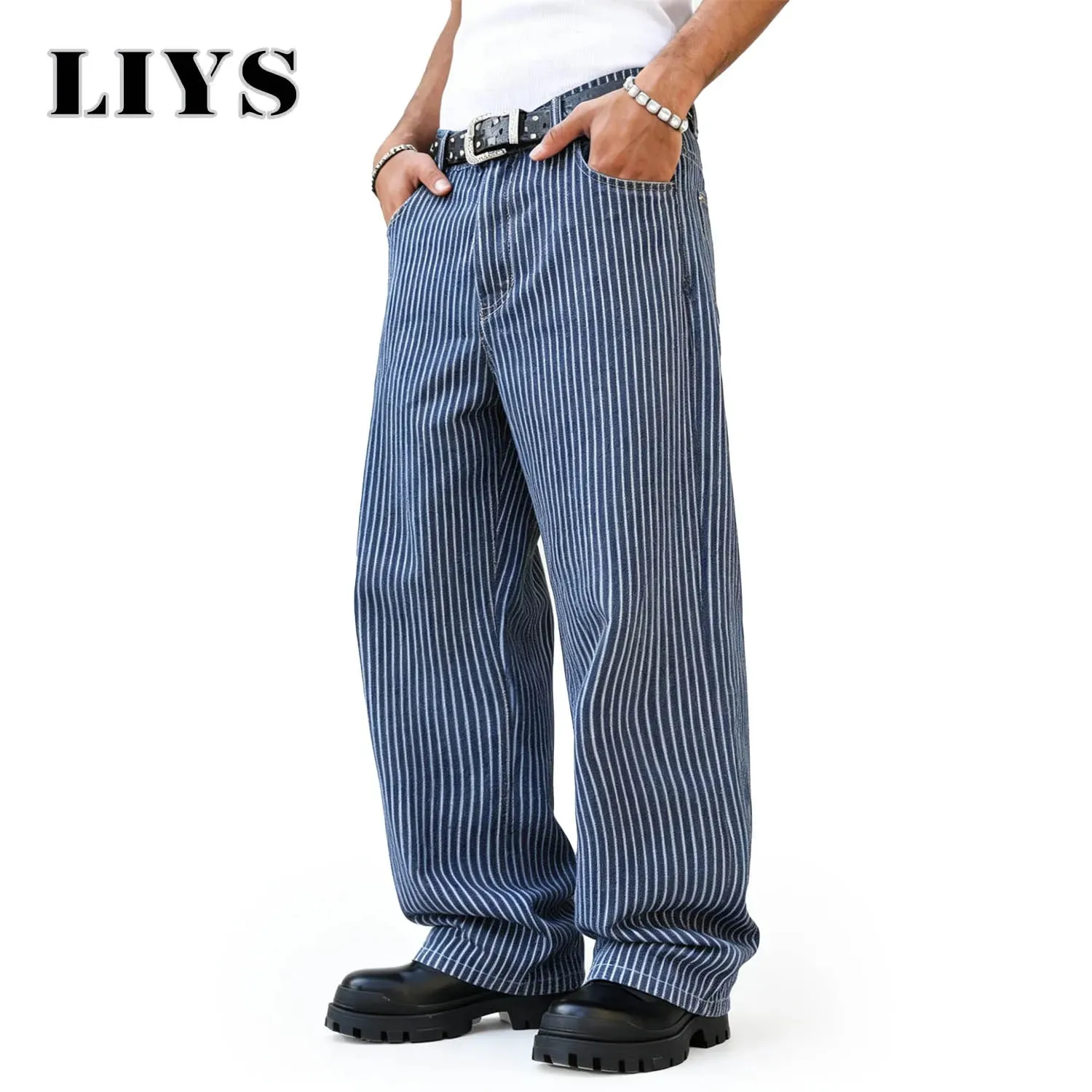 Men's American Fashion Brand Classic Retro Striped High Street Casual Lazy Business Wide Leg Straight Leg Jeans Oversized